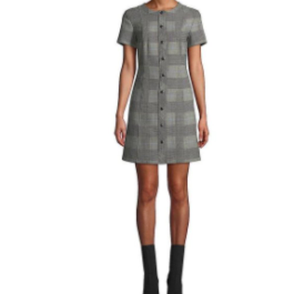 Theory Black|Blue|White Plaid Snap-front Shift Mini Dress